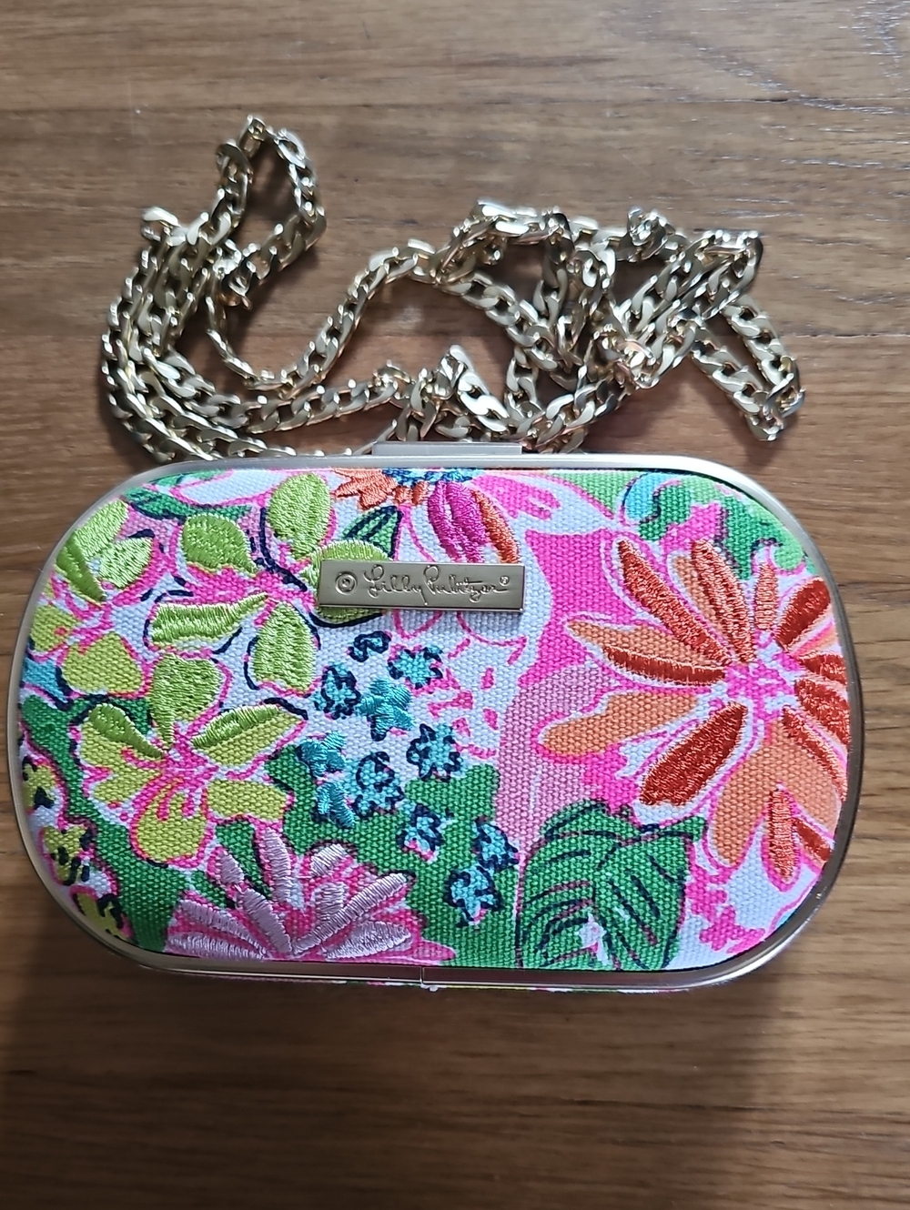 Lilly Pulitzer Pink Floral Minaudiere Hard Shell Crossbody Purse GoldChain Strap